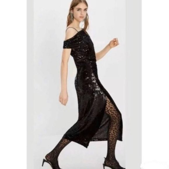 Zara Draped Off The Shoulder Sequin Cocktail Dress - Picture 2 of 3